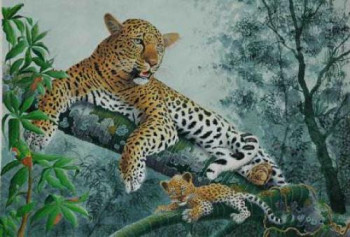 Œuvre contemporaine nommée « FEMELLE LEOPARD ET SON JEUNE », Réalisée par MICHEL MICHAUX