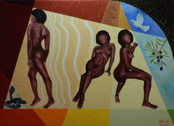 Œuvre contemporaine nommée « Composition de nues sur fond de patchwork », Réalisée par BONCHRIST