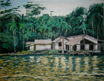 Œuvre contemporaine nommée « Les cases au bord de la rivières, Amazonie », Réalisée par ALFREDO
