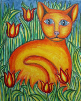 Œuvre contemporaine nommée « Le chat et les tulipes », Réalisée par STEPHANE CUNY