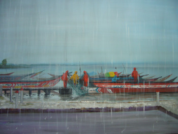 Œuvre contemporaine nommée « L'embarcadère sous la pluie », Réalisée par SYLVIANE