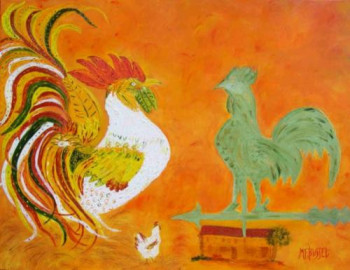 Œuvre contemporaine nommée « LE COQ DE POULAILLER ET LE COQ DE GIROUETTE », Réalisée par MARIE-FRANCE BUSSET