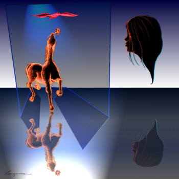 Œuvre contemporaine nommée « Le cheval offrant un tournesol à l'oiseau », Réalisée par GILLES LANGOUREAU