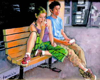 Œuvre contemporaine nommée « Couple assis devant un magazin », Réalisée par DOMINIQUE AMENDOLA