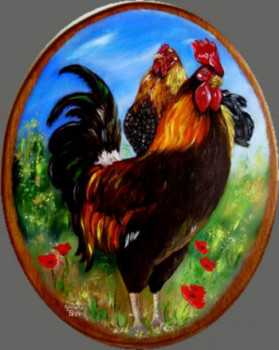 Œuvre contemporaine nommée « Coq fier et sa poule », Réalisée par SYLVIANE PETIT