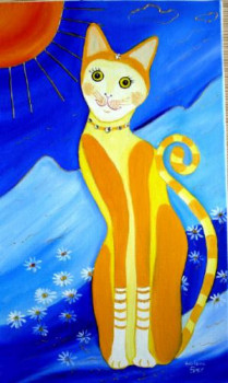 Œuvre contemporaine nommée « Grand chat dans les marguerites », Réalisée par SYLVIANE PETIT