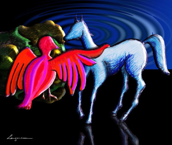 Œuvre contemporaine nommée « Le cheval et l'oiseau sur un rocher », Réalisée par GILLES LANGOUREAU