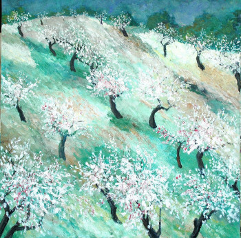 Œuvre contemporaine nommée « colline d'amandiers en fleurs », Réalisée par PHILIPPE LE MONIES DE SAGAZAN