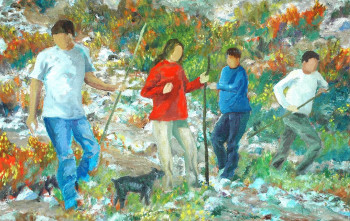 Œuvre contemporaine nommée « Quatre jeunes gens dans la montagne », Réalisée par PHILIPPE LE MONIES DE SAGAZAN