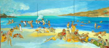 Œuvre contemporaine nommée « Scènes de plage tryptique », Réalisée par PHILIPPE LE MONIES DE SAGAZAN