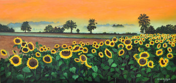 Œuvre contemporaine nommée « champ de tournesol soleil couchant », Réalisée par ANDRé GILLOUAYE