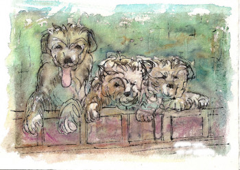 Œuvre contemporaine nommée « chiots curieux », Réalisée par JANPOL PORTALIS
