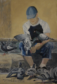 Œuvre contemporaine nommée « L'enfant aux pigeons », Réalisée par GéRARD DUCHENE