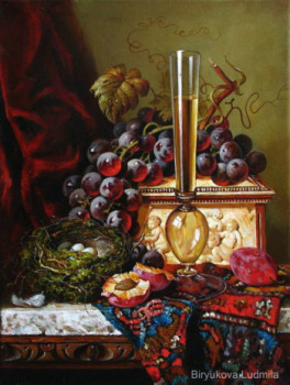 Œuvre contemporaine nommée « Still life with a nest, grapes, glass of wine and a bird's feather. », Réalisée par BIRYUKOVA LYUDMILA