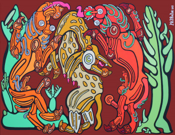 Œuvre contemporaine nommée « M147 &#8211; Deux lions minoens chassent une chèvre sauvage &#8211; 2011 », Réalisée par PHILHELM