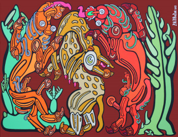 Œuvre contemporaine nommée « M147 – Deux lions minoens chassent une chèvre sauvage – 2011 », Réalisée par PHILHELM