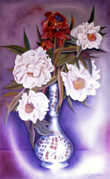 Œuvre contemporaine nommée « Les paéonias blanches et giroflées au vase D'IZNIK », Réalisée par ABERNARDO