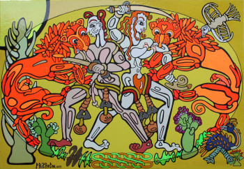 Œuvre contemporaine nommée « M151- Couple minoen en lutte avec deux lions – 2011. », Réalisée par PHILHELM