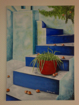 Œuvre contemporaine nommée « orange sur l'escalier », Réalisée par GRIBOUILLE