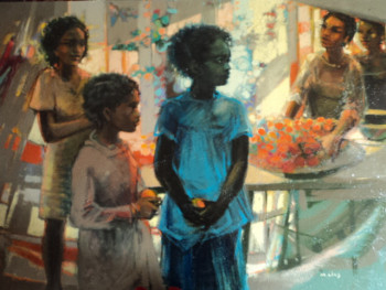Œuvre contemporaine nommée « trois petites filles en fin de marché 1989 », Réalisée par MICHEL CLOS