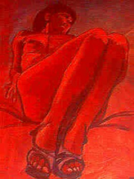 Œuvre contemporaine nommée « Nu rouge aux genoux repliés », Réalisée par MICHEL DEBRAY