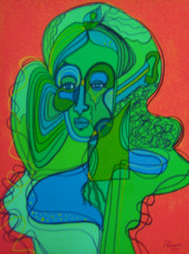 portrait-de-femme-verte-sur-fond-rouge