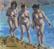 trois-naturistes-a-la-plage-huile-sur-papier-46-x-38
