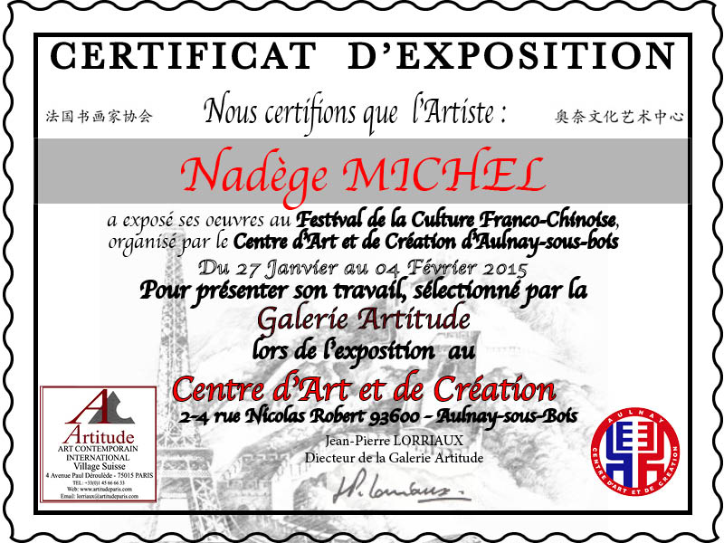 Exhibition certificate - Nadel Nadège Michel 