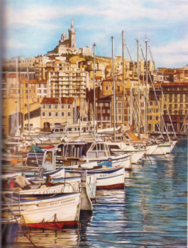 Œuvre contemporaine nommée « Le Port de Marseille et Notre-Dame de la Garde », Réalisée par VIVIANE DJIAN