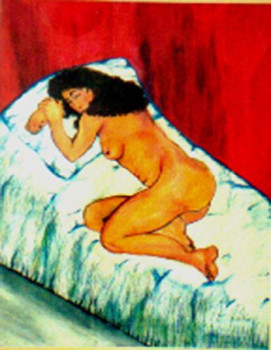 Œuvre contemporaine nommée « « Nue sur lit »  Nude in bed .  Peinture », Réalisée par MITRA SHAHKAR