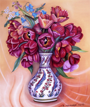 Œuvre contemporaine nommée « Les tulipes rouges au vase d'IZNIK », Réalisée par ABERNARDO