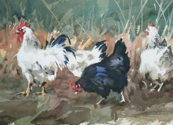 Œuvre contemporaine nommée « Coq et poules (Vendu) », Réalisée par ARNOULD -