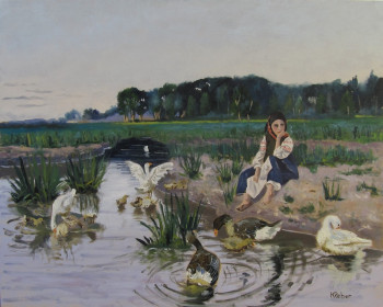 Œuvre contemporaine nommée « Jeune fille s'occupant d'oies », Réalisée par REBER KAROL