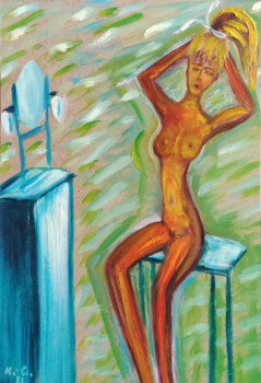 Œuvre contemporaine nommée « Nu peignant ses cheveux près du miroir », Réalisée par KOZAR