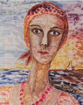 Œuvre contemporaine nommée « Une fille avec un collier de grenat à la mer », Réalisée par KOZAR