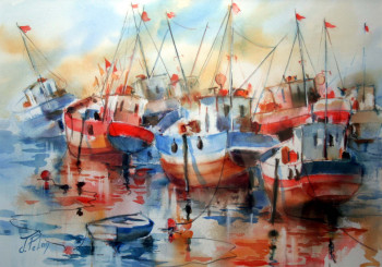 Œuvre contemporaine nommée « Bateaux de pêche à marée basse -14-021) », Réalisée par JACQUELINE PELON