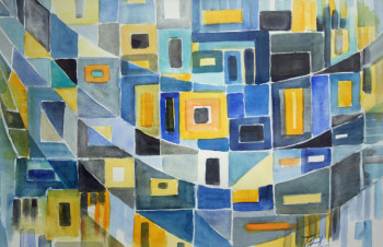Œuvre contemporaine nommée « Variations Jaunes et Bleues (22-002) », Réalisée par JACQUELINE PELON