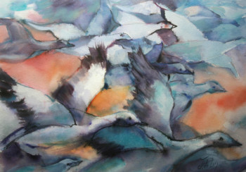 Œuvre contemporaine nommée « Oies en migration printanière (18-021) », Réalisée par JACQUELINE PELON