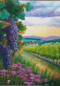 Œuvre contemporaine nommée « champs de raisin au coucher du soleil », Réalisée par LAYAL DALALE