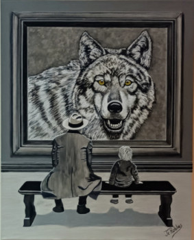 Œuvre contemporaine nommée « Un homme et son petit fils admirent dans une exposition un tableau représentant un loup. », Réalisée par JEAN-CLAUDE ROBLES