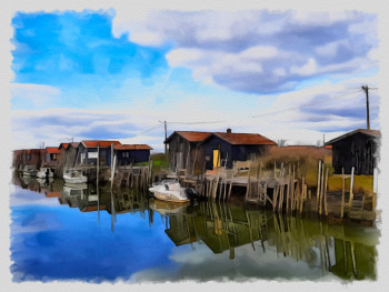 Œuvre contemporaine nommée « cabanes des pêcheurs », Réalisée par DOMINIQUE DULOT DIGITAL