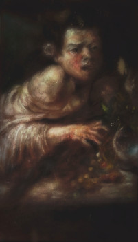 Œuvre contemporaine nommée « Inspiré du Caravage, Esquisse à l'huile du Garçon Mordu par un Lézard », Réalisée par LA CIGOGNE