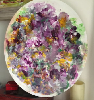 Œuvre contemporaine nommée « N° 464 Pivoines Plumes et Mimosas Ovale », Réalisée par JADE-B-ROUGERIE