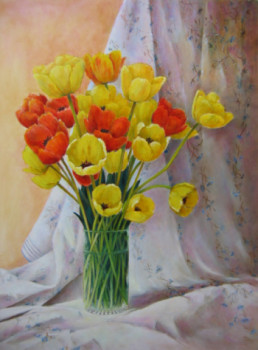 Œuvre contemporaine nommée « Tulipes sur drapé », Réalisée par ALICE DENAT-BOURGADE