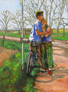 Œuvre contemporaine nommée « Couple s&#8217;appuyant contre une bicyclette », Réalisée par DOMINIQUE AMENDOLA