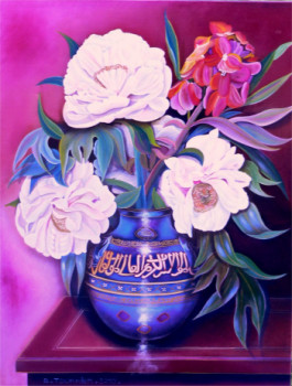 Œuvre contemporaine nommée « Les paéonias blanches au vase bleu calligraphié », Réalisée par ABERNARDO
